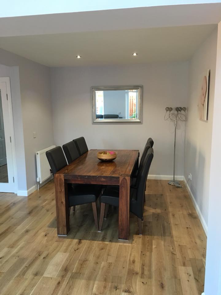 Sun extension has a vaulted ceiling with 3 velux windows to maximise daylight, finished of with solid oak flooring in Dunfermline
