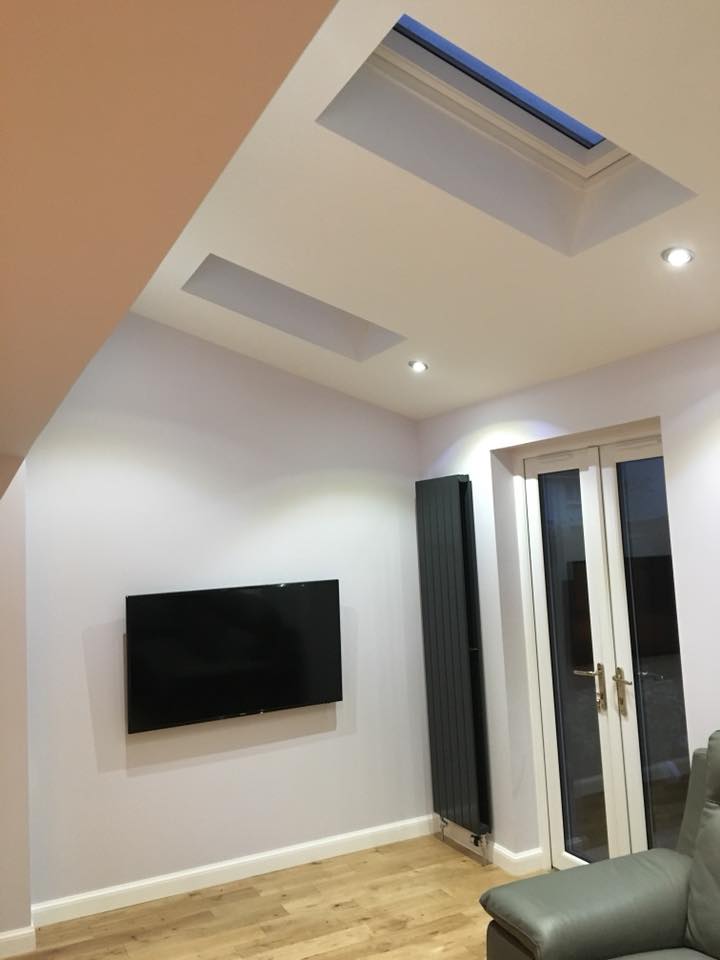 Sun extension has a vaulted ceiling with 3 velux windows to maximise daylight, finished of with solid oak flooring in Dunfermline